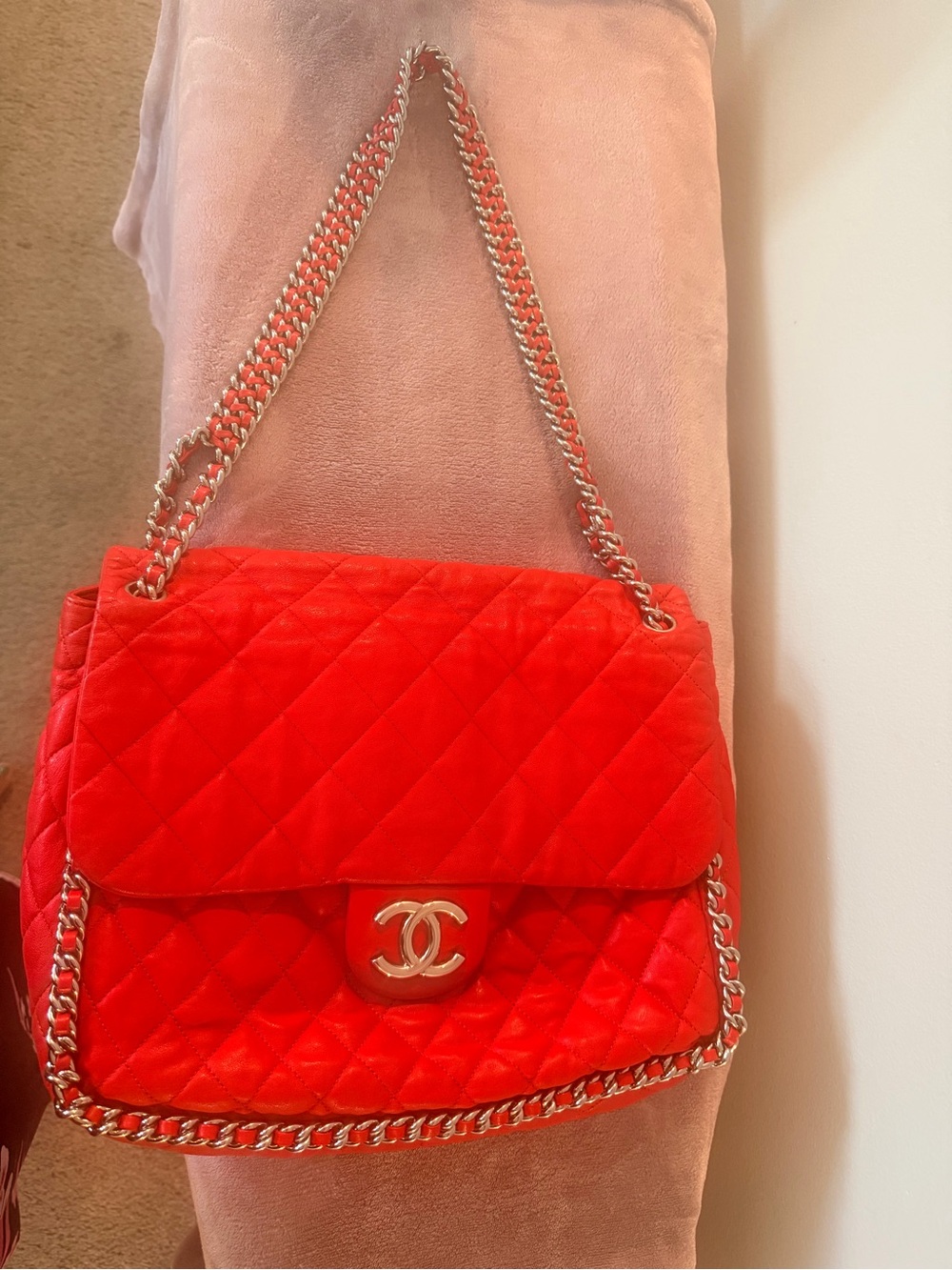 CHANEL Red Quilted Shoulder Bag with Wrap Around Chain Strap and CC Logo